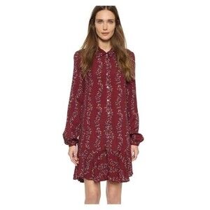Free People Slubby Crinkle Button Down Shirtdress Size L Cranberry Ruffle Hem